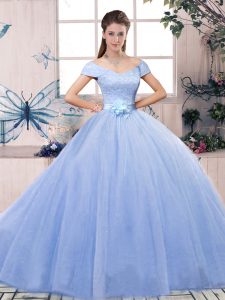 Super Lavender Short Sleeves Tulle Lace Up Sweet 16 Quinceanera Dress for Military Ball and Sweet 16 and Quinceanera