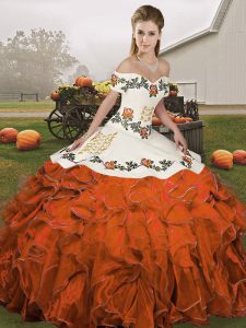 Unique Ball Gowns 15th Birthday Dress Rust Red Off The Shoulder Organza Sleeveless Floor Length Lace Up