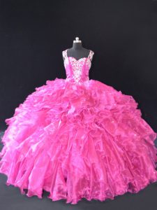 Exceptional Organza Straps Sleeveless Lace Up Beading and Ruffles Sweet 16 Dress in Fuchsia