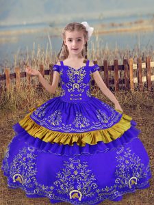 Blue Ball Gowns Off The Shoulder Sleeveless Satin Floor Length Lace Up Beading and Embroidery Little Girls Pageant Gowns