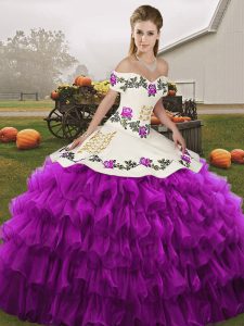 Off The Shoulder Sleeveless 15th Birthday Dress Floor Length Embroidery and Ruffled Layers White And Purple Organza