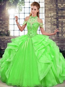 Custom Designed Floor Length Green Quinceanera Dresses Halter Top Sleeveless Lace Up