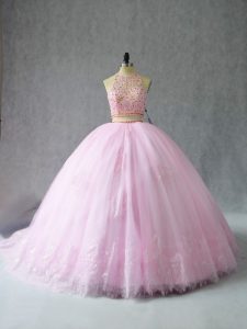 Romantic Baby Pink Zipper Quince Ball Gowns Beading and Appliques Sleeveless Court Train