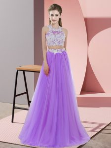 Lavender Sleeveless Lace Floor Length Bridesmaid Gown