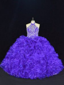 Halter Top Sleeveless Lace Up Sweet 16 Quinceanera Dress Purple Organza
