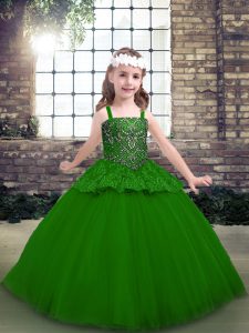 Sleeveless Floor Length Beading Lace Up Kids Pageant Dress with Green