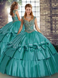Exquisite Teal Ball Gowns Taffeta Straps Sleeveless Beading and Ruffled Layers Floor Length Lace Up Sweet 16 Quinceanera Dress