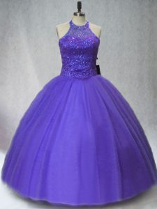 Sumptuous Purple Ball Gown Prom Dress Sweet 16 and Quinceanera with Beading Halter Top Sleeveless Lace Up