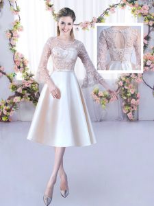 Champagne Satin Lace Up Quinceanera Dama Dress 3 4 Length Sleeve Tea Length Lace and Belt