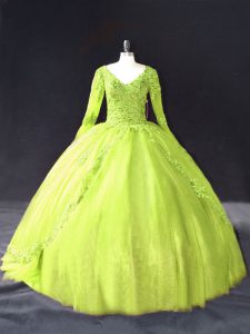 Simple Yellow Green Ball Gowns Lace and Appliques Sweet 16 Quinceanera Dress Lace Up Tulle Long Sleeves Floor Length
