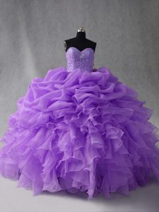 Top Selling Sleeveless Organza Floor Length Lace Up Sweet 16 Dresses in Lavender with Beading and Ruffles and Pick Ups