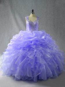 Sweet Lavender Ball Gowns Straps Sleeveless Organza Floor Length Zipper Beading and Ruffles Sweet 16 Dress