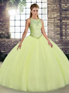 Yellow Green Tulle Lace Up Scoop Sleeveless Floor Length Sweet 16 Quinceanera Dress Embroidery