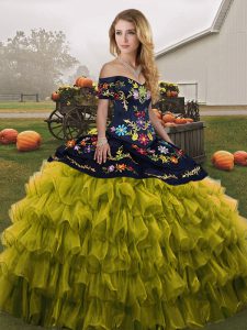 Beauteous Olive Green Organza Lace Up Off The Shoulder Sleeveless Floor Length Ball Gown Prom Dress Embroidery and Ruffled Layers