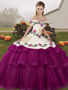 High Class Fuchsia Sleeveless Brush Train Embroidery and Ruffled Layers Quinceanera Gowns