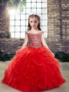 Tulle Off The Shoulder Sleeveless Lace Up Beading and Ruffles Girls Pageant Dresses in Red