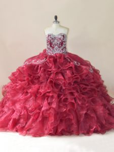 On Sale Ball Gowns Sleeveless Wine Red 15 Quinceanera Dress Brush Train Lace Up
