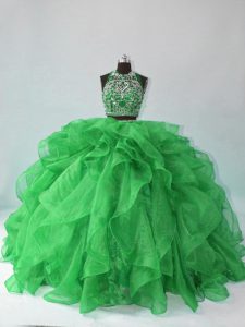 Clearance Beading and Ruffles Sweet 16 Quinceanera Dress Green Backless Sleeveless Floor Length