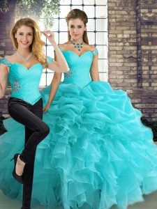 Aqua Blue Two Pieces Off The Shoulder Sleeveless Organza Floor Length Lace Up Beading and Ruffles and Pick Ups Quinceanera Dresses