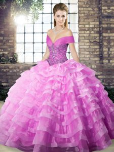 Lilac Organza Lace Up Off The Shoulder Sleeveless Vestidos de Quinceanera Brush Train Beading and Ruffled Layers