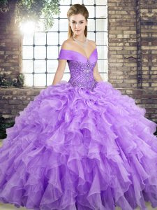Best Selling Lavender Sleeveless Brush Train Beading and Ruffles Quinceanera Gown