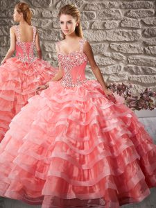 Watermelon Red Quinceanera Dress Straps Sleeveless Court Train Lace Up