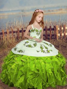 Yellow Green Ball Gowns Straps Sleeveless Organza Floor Length Lace Up Embroidery and Ruffles Kids Pageant Dress