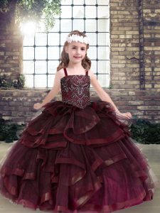 Beading and Ruffles Little Girls Pageant Dress Wholesale Burgundy Lace Up Sleeveless Floor Length