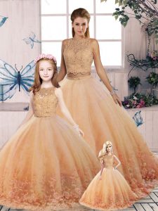 Sweep Train Two Pieces Sweet 16 Dresses Peach Scalloped Tulle Sleeveless Backless