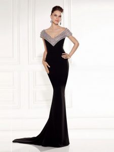 Backless Womens Evening Dresses Black for Prom and Party and Military Ball with Beading Brush Train