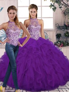 Cute Beading and Ruffles 15th Birthday Dress Purple Lace Up Sleeveless Floor Length