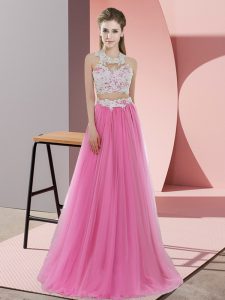 Latest Floor Length Rose Pink Quinceanera Court Dresses Tulle Sleeveless Lace