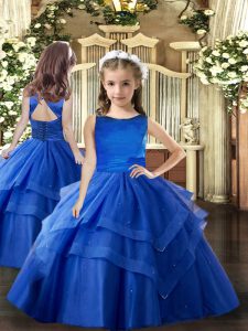 Beautiful Sleeveless Tulle Floor Length Lace Up Pageant Dress for Teens in Royal Blue with Ruffled Layers