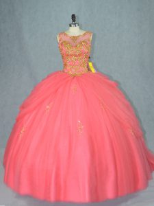 Gorgeous Scoop Sleeveless Tulle Ball Gown Prom Dress Beading Brush Train Lace Up