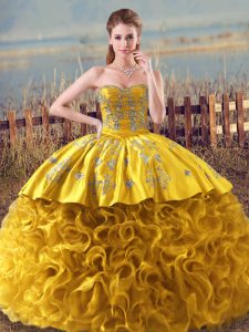 Romantic Gold Ball Gowns Fabric With Rolling Flowers Sweetheart Sleeveless Embroidery and Ruffles Floor Length Lace Up 15 Quinceanera Dress
