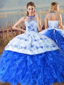 Royal Blue Ball Gowns Organza Halter Top Sleeveless Embroidery and Ruffles Lace Up Sweet 16 Quinceanera Dress Court Train
