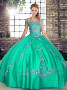 Beauteous Turquoise Sweet 16 Dresses Military Ball and Sweet 16 and Quinceanera with Beading and Embroidery Off The Shoulder Sleeveless Lace Up