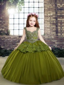 Olive Green Straps Neckline Beading Winning Pageant Gowns Sleeveless Lace Up