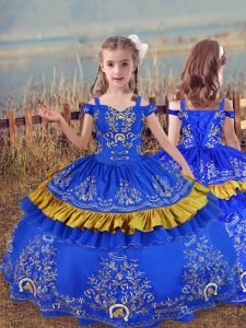 Fancy Floor Length Ball Gowns Sleeveless Blue Little Girl Pageant Gowns Lace Up