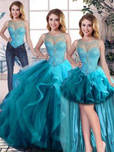 Beading and Ruffles 15 Quinceanera Dress Aqua Blue Lace Up Sleeveless Floor Length