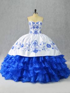 Blue And White Sweetheart Lace Up Embroidery and Ruffled Layers Sweet 16 Quinceanera Dress Sleeveless