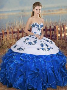 Ideal Blue And White Organza Lace Up Sweetheart Sleeveless Floor Length 15th Birthday Dress Embroidery and Ruffles and Bowknot