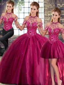 Fashion Fuchsia Three Pieces Tulle Halter Top Sleeveless Beading Lace Up Quinceanera Dress Brush Train