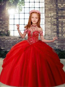 Red Halter Top Lace Up Beading Pageant Gowns For Girls Sleeveless
