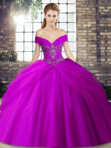 Purple Quinceanera Gown Military Ball and Sweet 16 and Quinceanera with Beading and Pick Ups Off The Shoulder Sleeveless Brush Train Lace Up