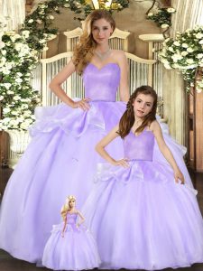 Exceptional Sleeveless Floor Length Beading Lace Up Sweet 16 Quinceanera Dress with Lavender