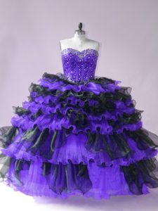 Noble Organza Sweetheart Sleeveless Lace Up Beading and Ruffled Layers Quince Ball Gowns in Black And Purple