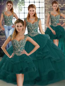 Sleeveless Tulle Floor Length Lace Up Sweet 16 Dress in Peacock Green with Beading and Ruffles