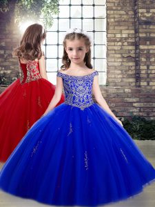 Simple Tulle Off The Shoulder Sleeveless Lace Up Beading and Appliques Pageant Gowns For Girls in Royal Blue
