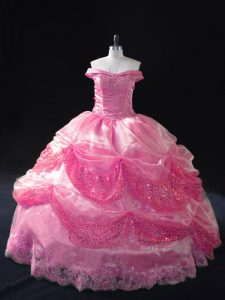 Customized Rose Pink Sleeveless Beading and Sequins Floor Length 15th Birthday Dress